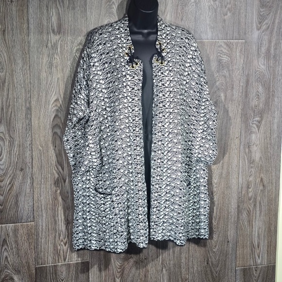 Chicos Open Front Knit Cardigan Sweater Jacket Gold Accents Black White OS - Picture 12 of 14